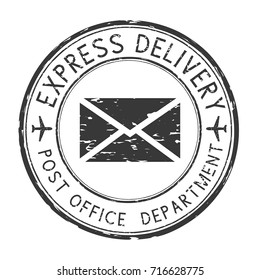 Express delivery black round postmark. Scratched postal element with envelope. Vector illustration isolated on white background