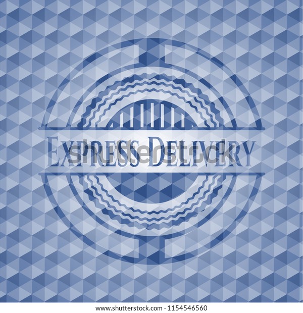 Express Delivery blue badge with geometric\
pattern background.