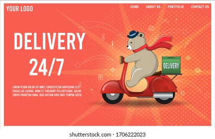 Express delivery by Bear ridding scooter with parcel box. Online delivery service concept. vector illustration.