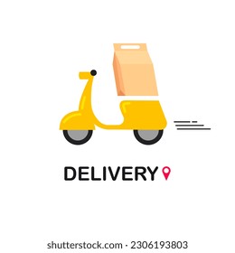 Express delivery by motorbike. Motorcicle logo. Fast shipping service icon. Scooter with package product box. Vector illustration isolated.