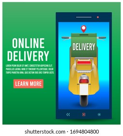 Express delivery by scooter on mobile with parcel box. Online delivery service concept. vector illustration.