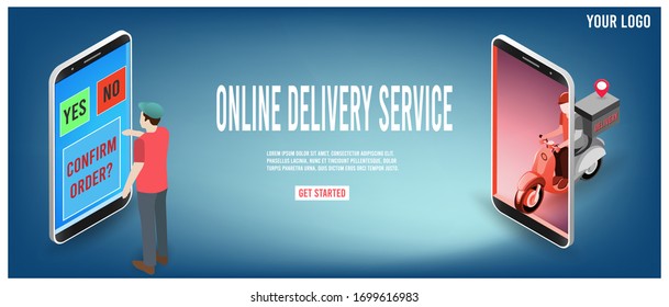 Express delivery by scooter on mobile with parcel box. Online delivery service concept. vector illustration.