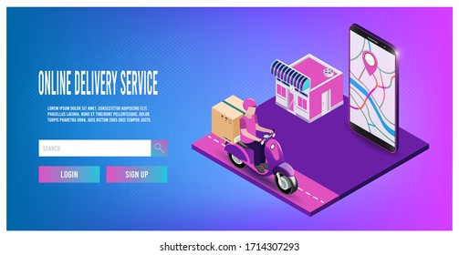 Express delivery by scooter on mobile with parcel box. Online delivery service concept. vector illustration.