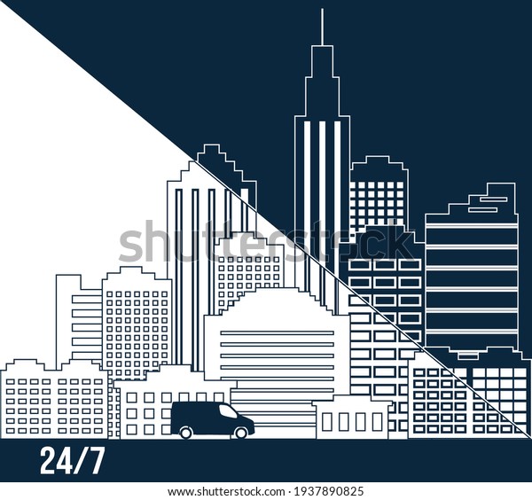 \
Express delivery.\
The city is schematically drawn day and night. Vector illustration\
of fast delivery\
concept