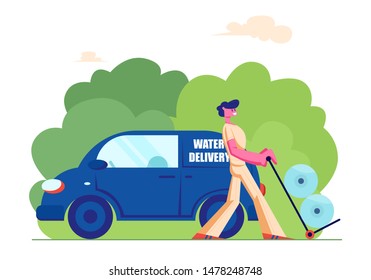 Express Delivery Company Employee on Van Pushing Trolley with Plastic Water Bottles for Home or Office Cooler. Worker Male Character Wearing Uniform Shipping Aqua Cartoon Flat Vector Illustration