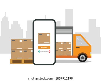 Concepto de entrega rápida. Comprobando la aplicación de servicio de entrega en el teléfono móvil. Camión de entrega con caja de cartón en el teléfono móvil y fondo de la ciudad. Ilustración vectorial.