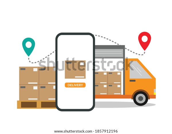 Express delivery concept. Checking delivery\
service app on mobile phone. Delivery truck with cardboard box on\
mobile phone. Vector\
illustration