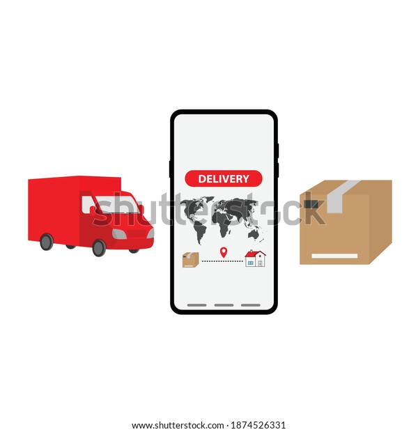 Express delivery concept. Checking delivery\
service app on mobile phone. Delivery van with cardboard box on\
white background. Vector\
illustration