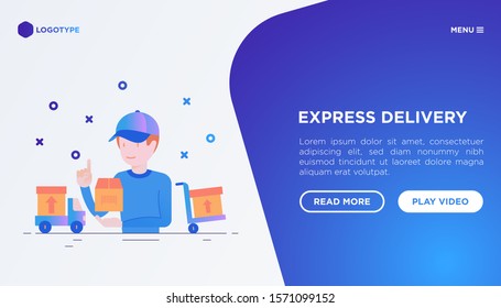 Express delivery concept: courier with package. Thin line icons: parcel, truck, out for delivery, dispatch, hand-truck. Vector illustration, web page template with copy space.