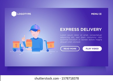 Express delivery concept: courier with package. Flat icons: parcel, truck, out for delivery, dispatch, hand-truck. Vector illustration, web page template with copy space.