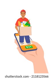 Express delivery concept. Customer makes an order online using mobile phone app and gets it fast. Young friendly delivery boy gives an order to buyer. Online shopping. Flat vector illustration