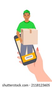 Express-Lieferkonzept. Der Kunde bestellt online über die Smartphone-App und bekommt sie schnell. Der junge freundliche Lieferant gibt dem Käufer ein Paket. Online-Shopping. Flache Vektorgrafik