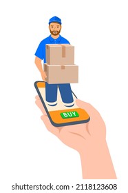 Concepto de entrega rápida. El cliente realiza un pedido en línea usando la aplicación para smartphone y lo recibe rápidamente. Un joven y simpático repartidor entrega paquetes al cliente. Compras en línea. Ilustración vectorial plana