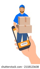 Express-Lieferkonzept. Der Kunde bestellt online über die Smartphone-App und bekommt sie schnell. Junge freundliche Lieferant gibt Pakete an den Kunden. Online-Shopping. Flache Vektorgrafik