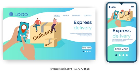Express delivery.The concept of delivery.Online service.Remote client service.People a large cardboard box and a smartphone.The template of the landing page.Flat vector illustration.