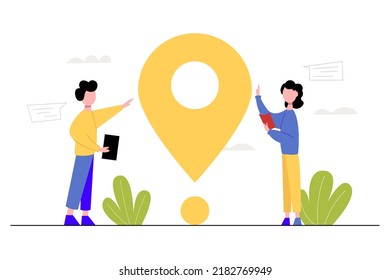 Concepto de entrega rápida. Icono de ubicación con personajes de dibujos animados. Ilustración vectorial del servicio de entrega en línea.