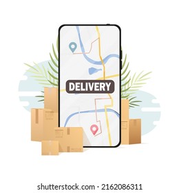 Express delivery concept. Lots of boxes and things, a phone with a map. Vector illustration