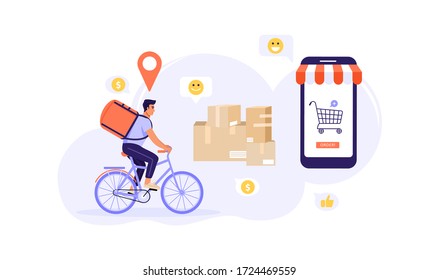 Express-Lieferkonzept Ein Kurier, der mit dem Fahrrad mit dem Paket fährt. Smartphone mit Korbsymbol, Bestelltaste und gestreiftem Sonnenzelt. Online-Einkauf. Vector auf weißem Hintergrund.