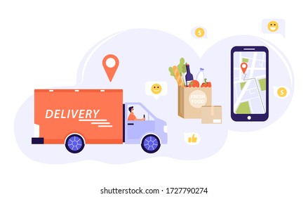 Express-Lieferkonzept Ein Kurier, der mit dem Paket fährt. Smartphone mit Navigationskarte und rotem GPS-Punkt auf dem Bildschirm. Lebensmittelbeutel. Online-Einkauf. Vector auf weißem Hintergrund.