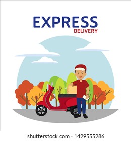 express delivery , concept is The man holding the box is about to deliver the product ,The man stood by the red motorcycle.