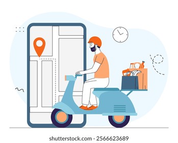 Express delivery concept. Man on scooter with food rides on background of smartphone. Courier at motorcycle near map with gps pin. Shipping and transportation. Linear vector illustration