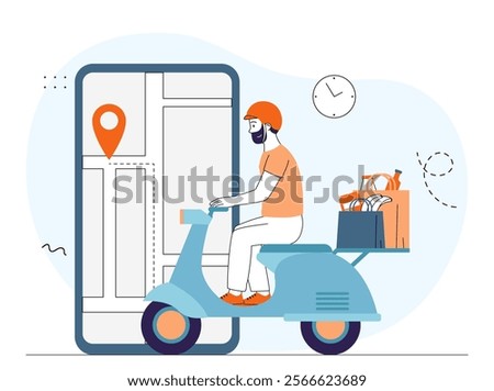Express delivery concept. Man on scooter with food rides on background of smartphone. Courier at motorcycle near map with gps pin. Shipping and transportation. Linear vector illustration