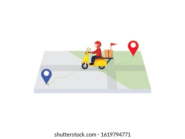 Express delivery concept. Delivery man ride scooter motorcycle jumping over the map .Fast and free worldwide shipping.