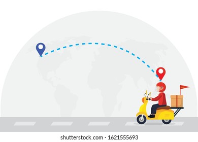 Express delivery concept. Delivery man ride scooter motorcycle jumping over the map .Fast and free worldwide shipping.