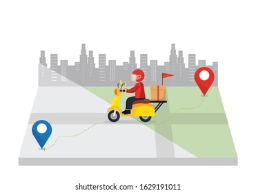 Express delivery concept. Delivery man ride scooter motorcycle jumping over the map.