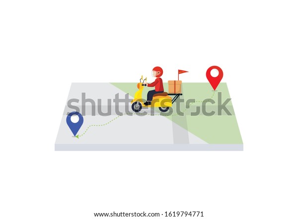 Express\
delivery concept. Delivery man ride scooter motorcycle jumping over\
the map .Fast and free worldwide\
shipping.