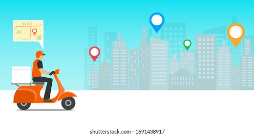 Express delivery concept. Delivery man riding scooter motorcycle with location mobile application. E-commerce concept. Vector illustration.