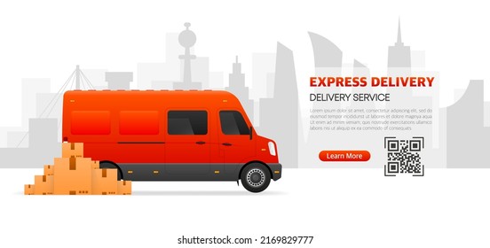 Express Delivery concept on window browser. Scan to qr code. Red cargo van for delivery. Vector illustration.