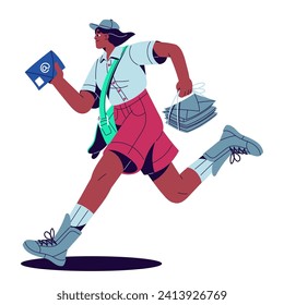 Express delivery concept. Postman with mail bag carries postal envelopes, letters. Mailman running, hurries to deliver post, newspapers, packages. Flat isolated vector illustration on white background