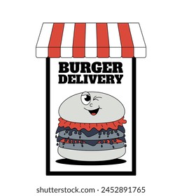 Concepto de entrega rápida en el estilo retro groovy. Servicio de hamburguesa o comida rápida, pedido, envío rápido y gratuito. Ilustración vectorial de diseño de moda.