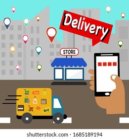 Concepto de entrega rápida. Aplicación de servicio de entrega en teléfono móvil en mano. coche de entrega y teléfono móvil con fondo de ciudad. Ilustración vectorial.