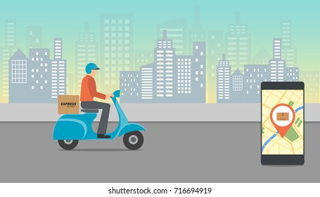 Express delivery concept. Delivery service app on mobile phone. Delivery scooter and mobile phone with city background. Vector illustration.