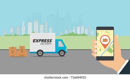 Express delivery concept. Delivery service app on mobile phone in hand. Delivery truck and mobile phone with city background. Vector illustration.