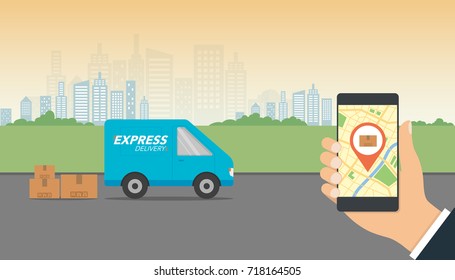 Express delivery concept. Delivery service app on mobile phone in hand. Delivery van and mobile phone with city background. Vector illustration.