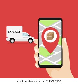 Express delivery concept. Delivery service app on mobile phone in hand. Delivery truck and mobile phone with city background. Vector