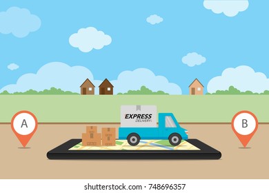 Express delivery concept. Delivery service app on mobile phone. Delivery pickup with cardboard box on mobile phone and city background. Vector illustration.