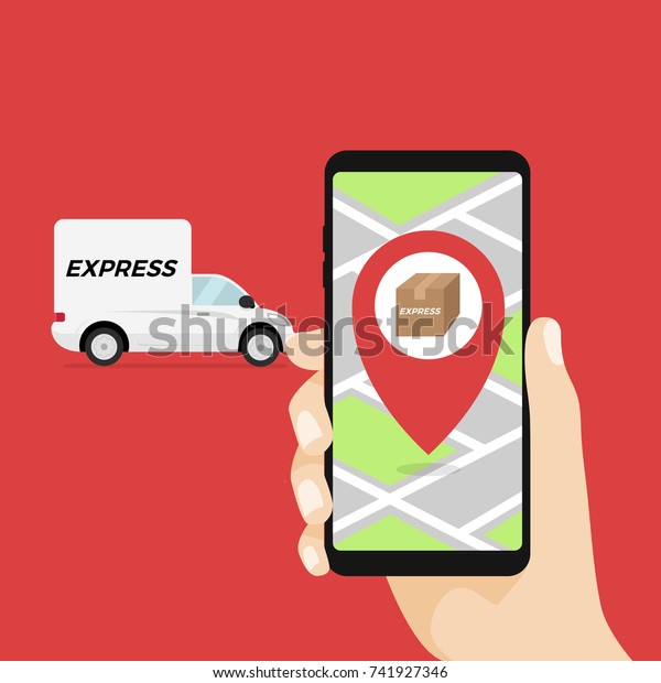 Express delivery concept. Delivery service app on\
mobile phone in hand. Delivery truck and mobile phone with city\
background. Vector