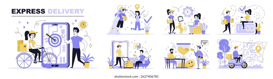 Express delivery concept set in flat web design. Collection with people tracking online order shipping, courier delivering packages to clients. Flat vector illustration isolated on white background.