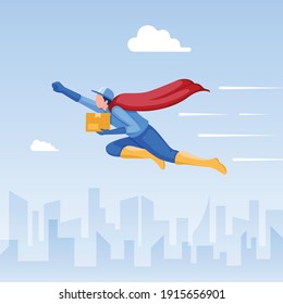 Express delivery concept. Superhero courier flying fast carrying package delivered to customer in cartoon flat vector illustration