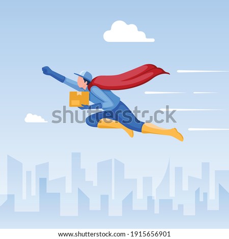 Express delivery concept. Superhero courier flying fast carrying package delivered to customer in cartoon flat vector illustration