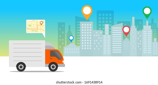 Express delivery concept. Delivery truck with location mobile application. E-commerce concept. Vector illustration.