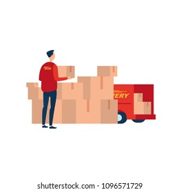 Express delivery. Courier with a box at the pile of parcels. Illustrates the fast delivery service.