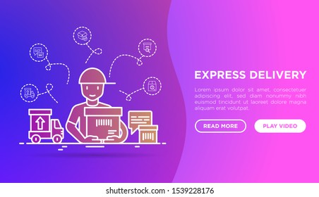 Express delivery: courier with package. Web page template with thin line icons: parcel, truck, out for delivery, dispatch, registered, delivered. Modern vector illustration.