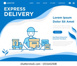 Express delivery: courier with package. Web page template with thin line icons: parcel, truck, out for delivery, dispatch, registered, delivered. Modern vector illustration.