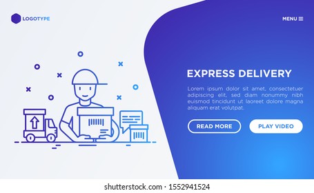Express delivery: courier with package. Web page template with thin line icons: parcel, truck, out for delivery, dispatch, registered, delivered. Modern vector illustration.