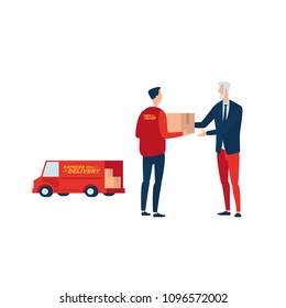 Express delivery. Courier passes the parcel to the client. Illustrates the service of fast delivery from hand to hand.